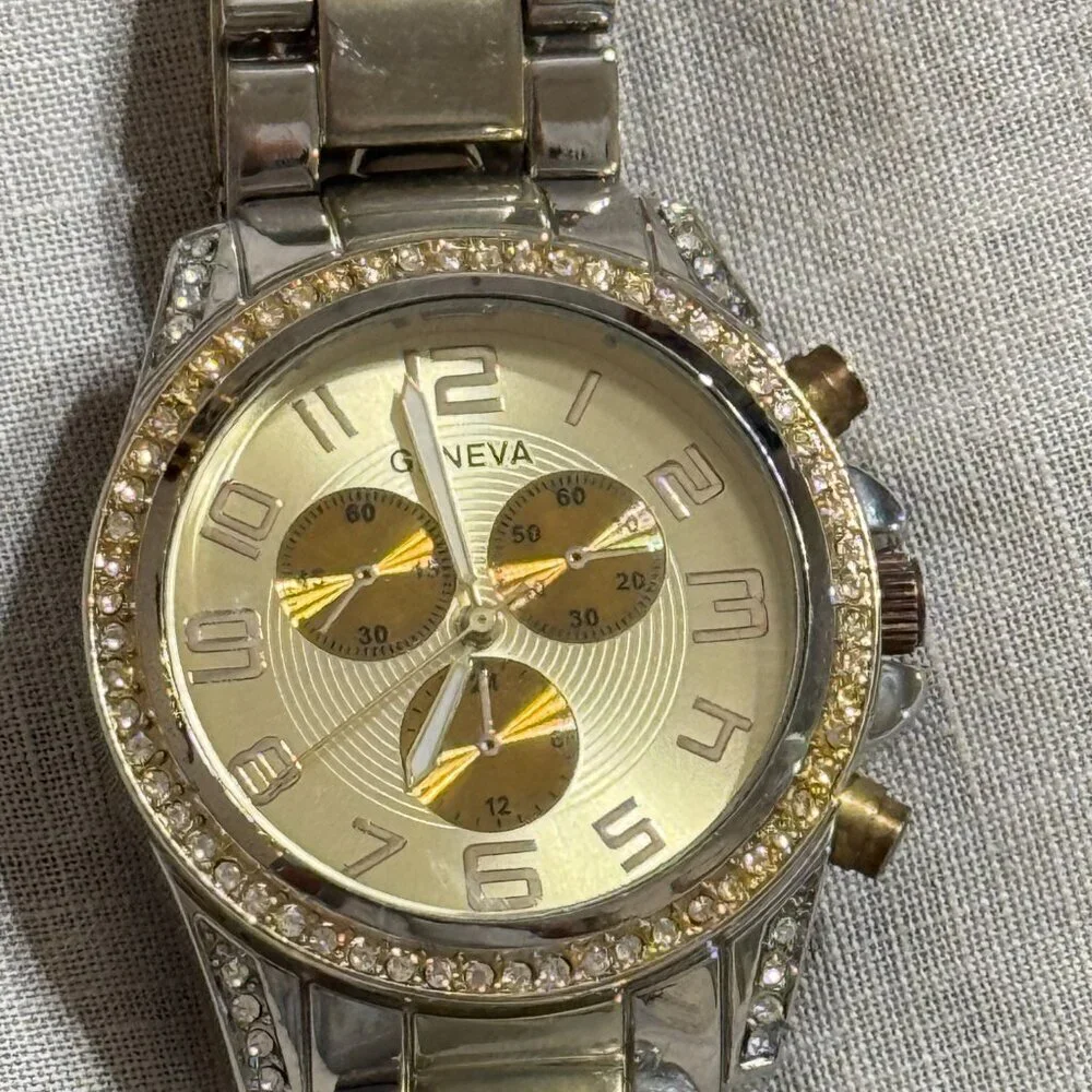 Geneva Two-Tone Rhinestone Watch Gold Silver Bracelet